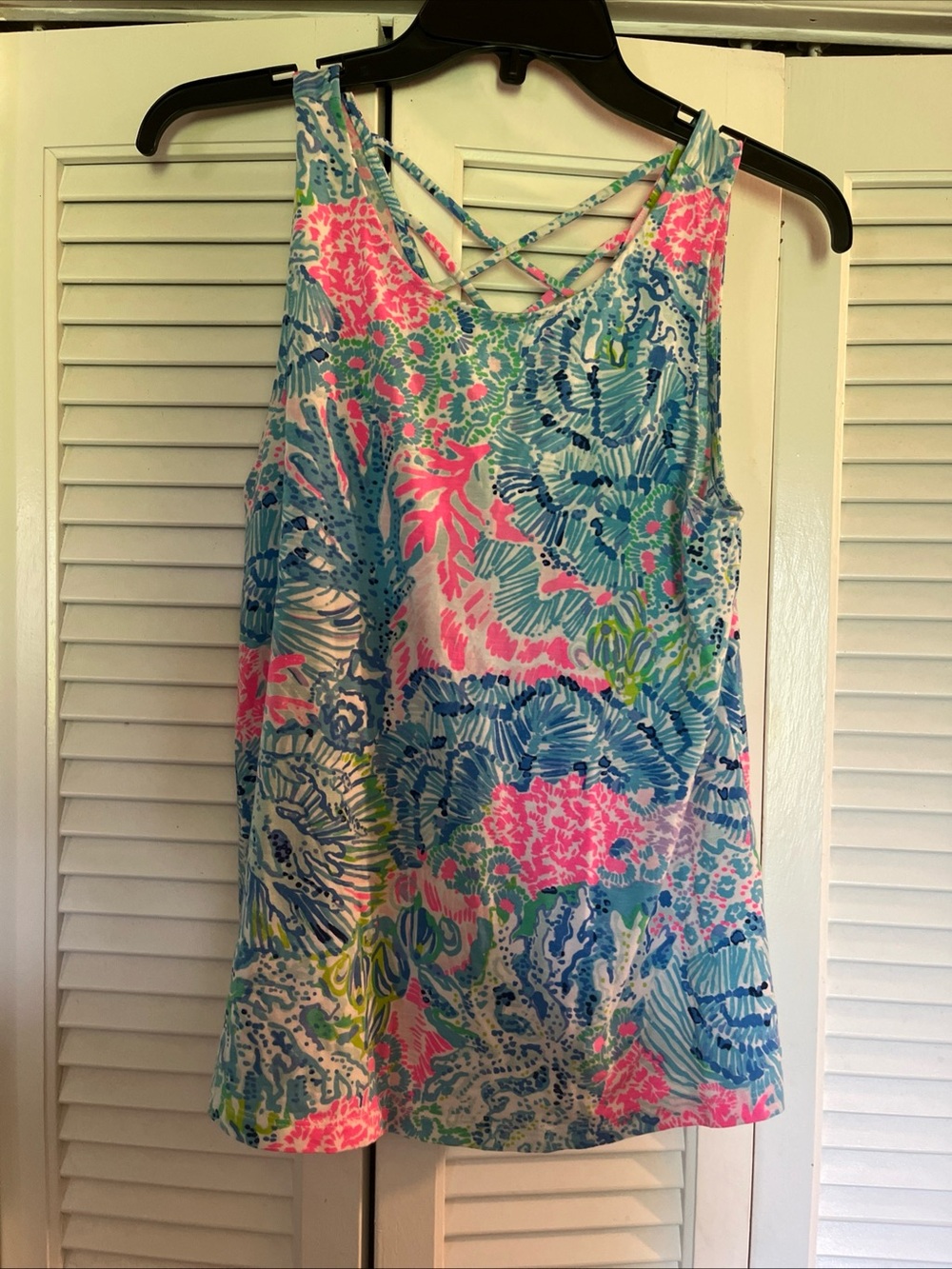 Lilly Pulitzer Blue Pink Green Tropical Print Crisscross Tank Top